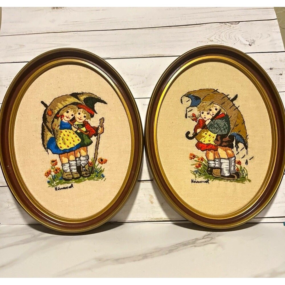 Vintage Hummel Set of 2 Framed Crewel Wall Art Children Under Umbrella 13”x9.5”